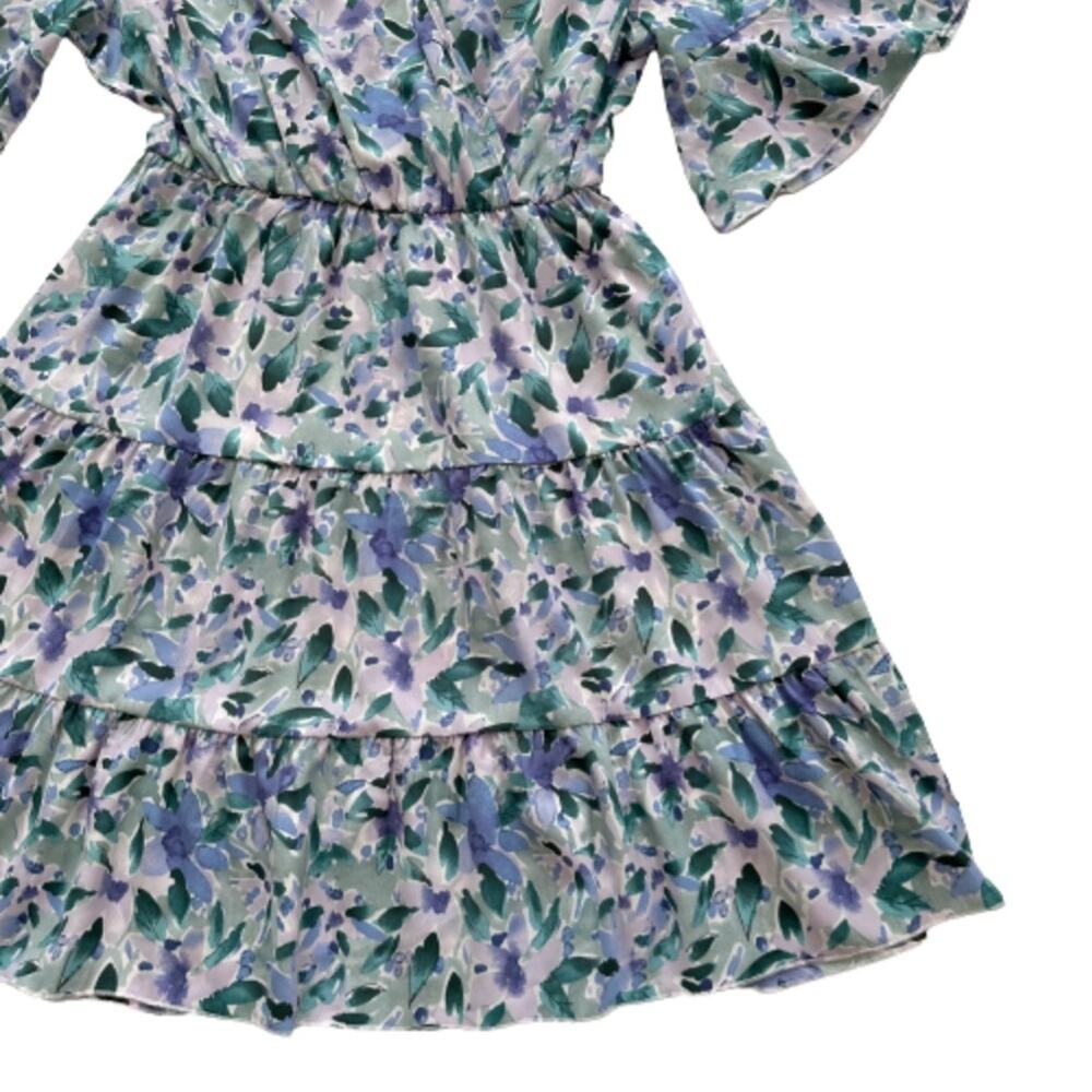 Anna-Kaci Dress Lavender Green Floral Flutter Short Sleeve Tiered Boho Small - Picture 9 of 15